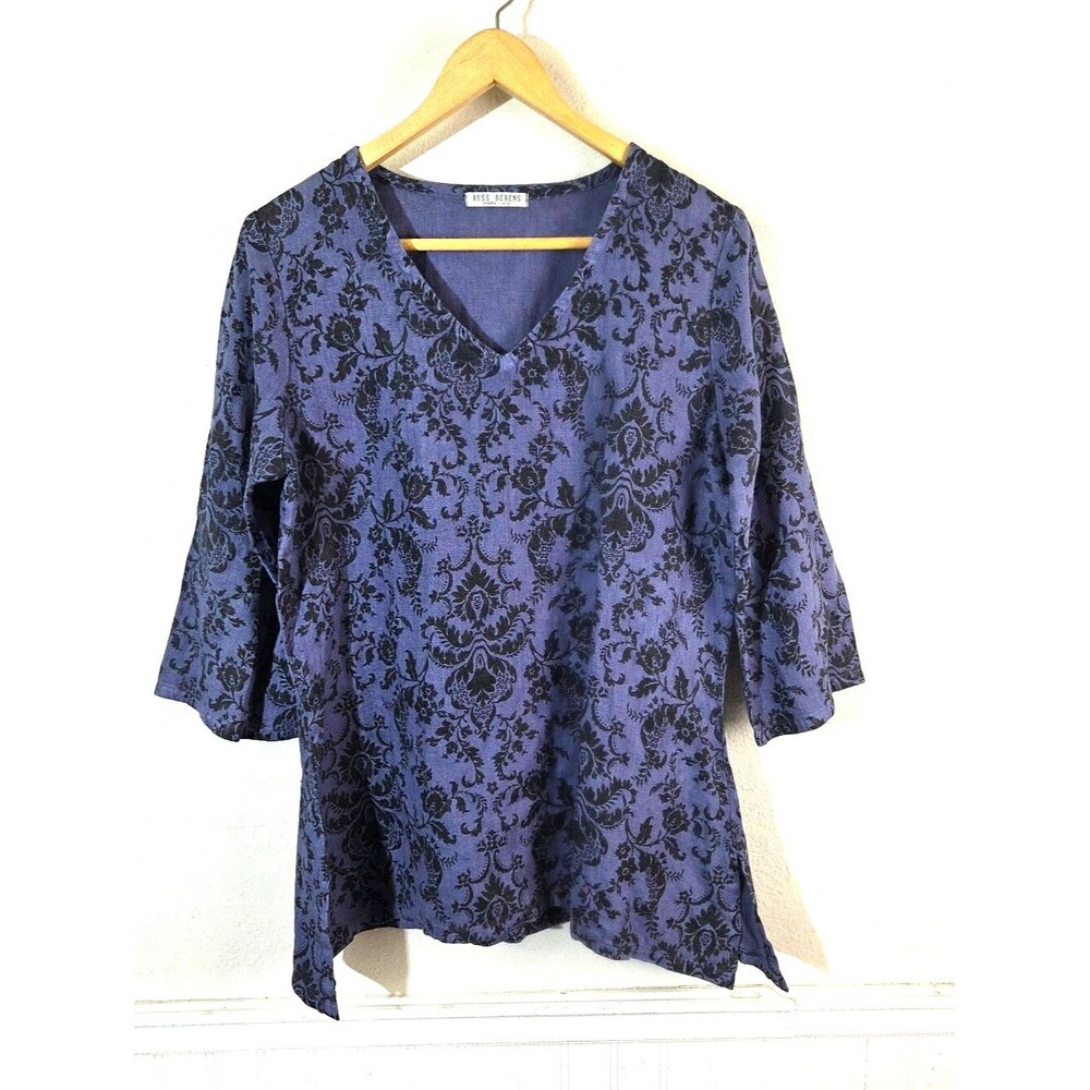 Vintage Russ Berens Malibu Blouse Womens L Blue Damask Floral V Neck 3/4 Sleeve